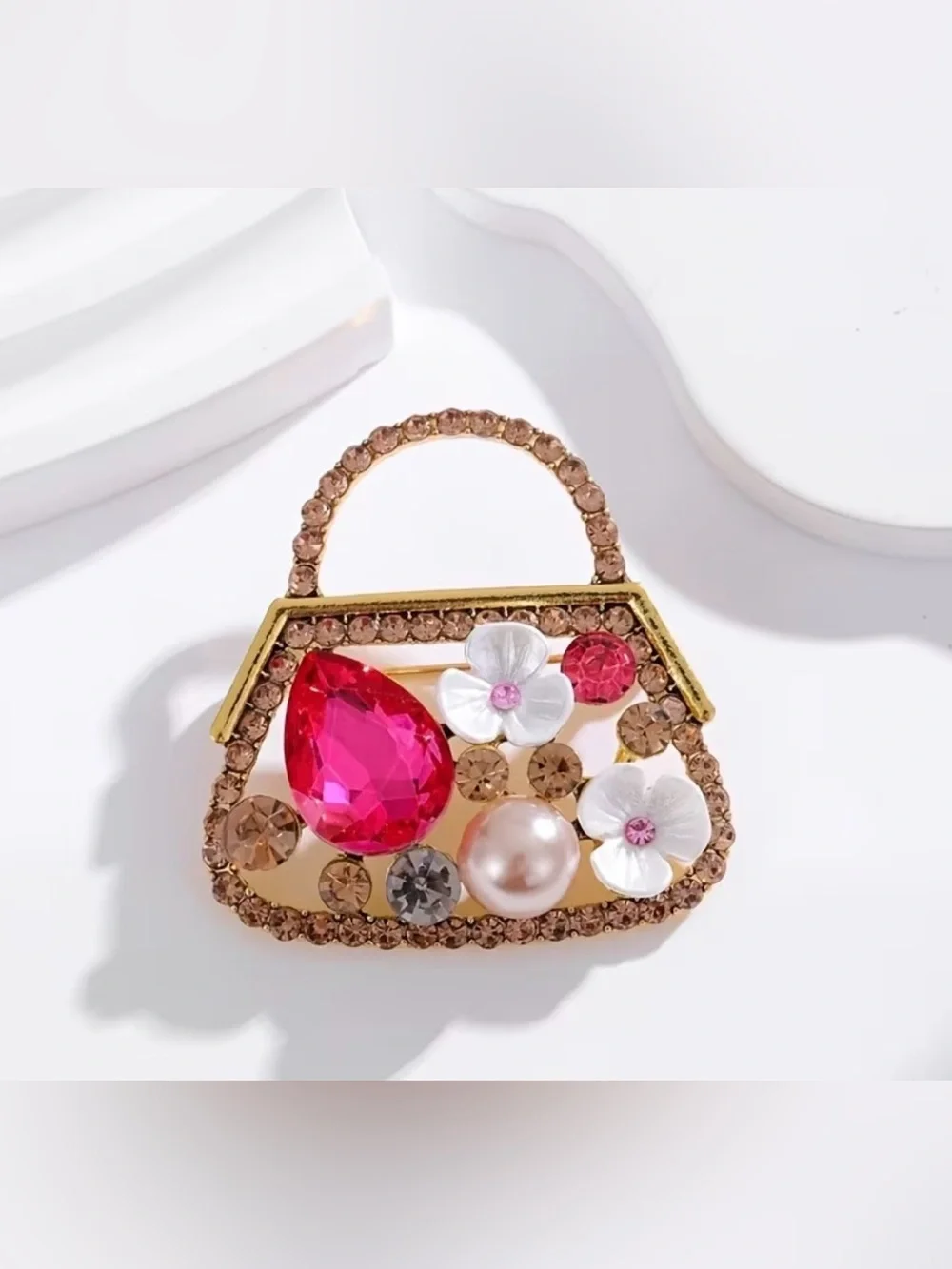 gold-toned retro handbag brooch rhinestones artificial pearls floral Women’s Jew